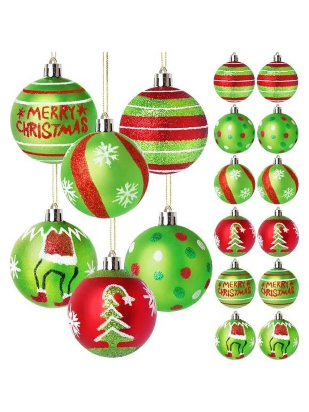 Red Green Glitter Christmas Ball Ornaments Set 12 Shatterproof Tree Decorations